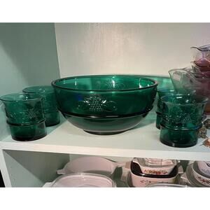 Indiana Glass Dark Green Harvest Grape Punch Bowl Set with 4 Glasses – Vintage